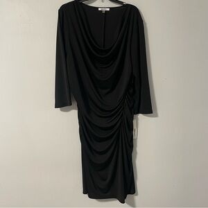 DKNYC Black Draped Ruched Front‎ Black Knit Midi Dress Long Sleeves